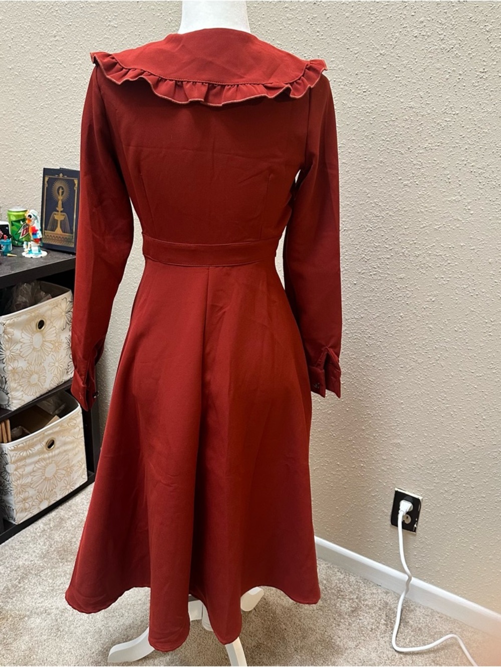 VTG 50s Burgundy Doll Collar Button Fit And Flare Pin Up Midi Dress S/M Retro - Picture 3 of 11